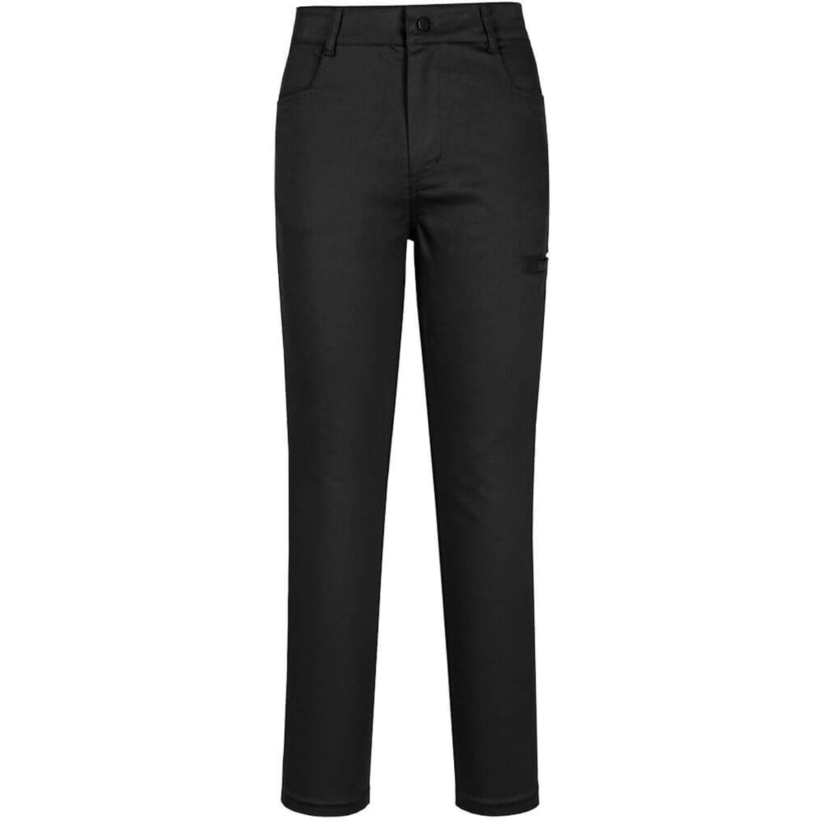 A pair of black women’s flexi work pants with a straight-leg design and a pocket detail. The pants feature a logo.
