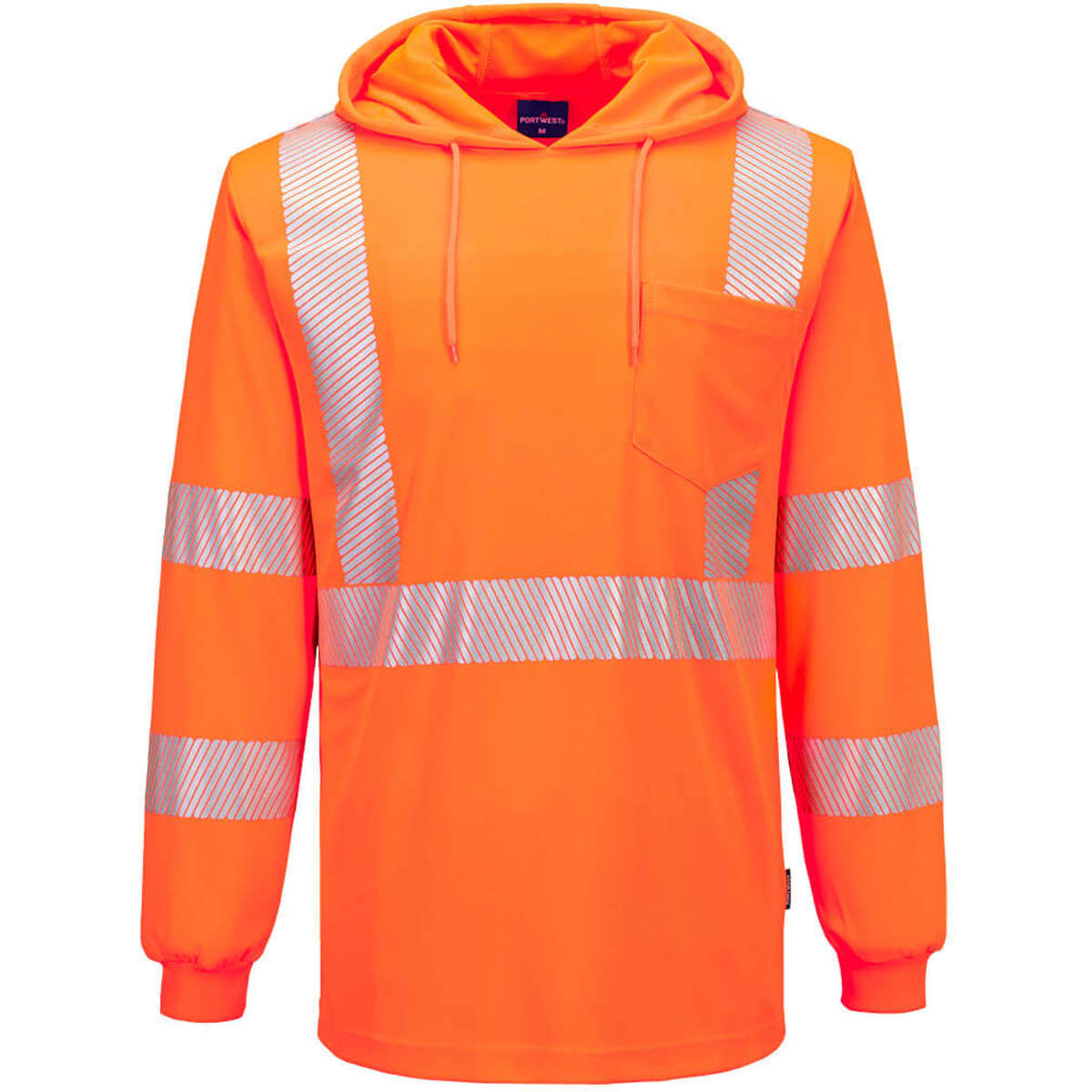 A Hi-Vis lightweight hooded long-sleeve T-shirt in bright orange with reflective stripes and a pocket.