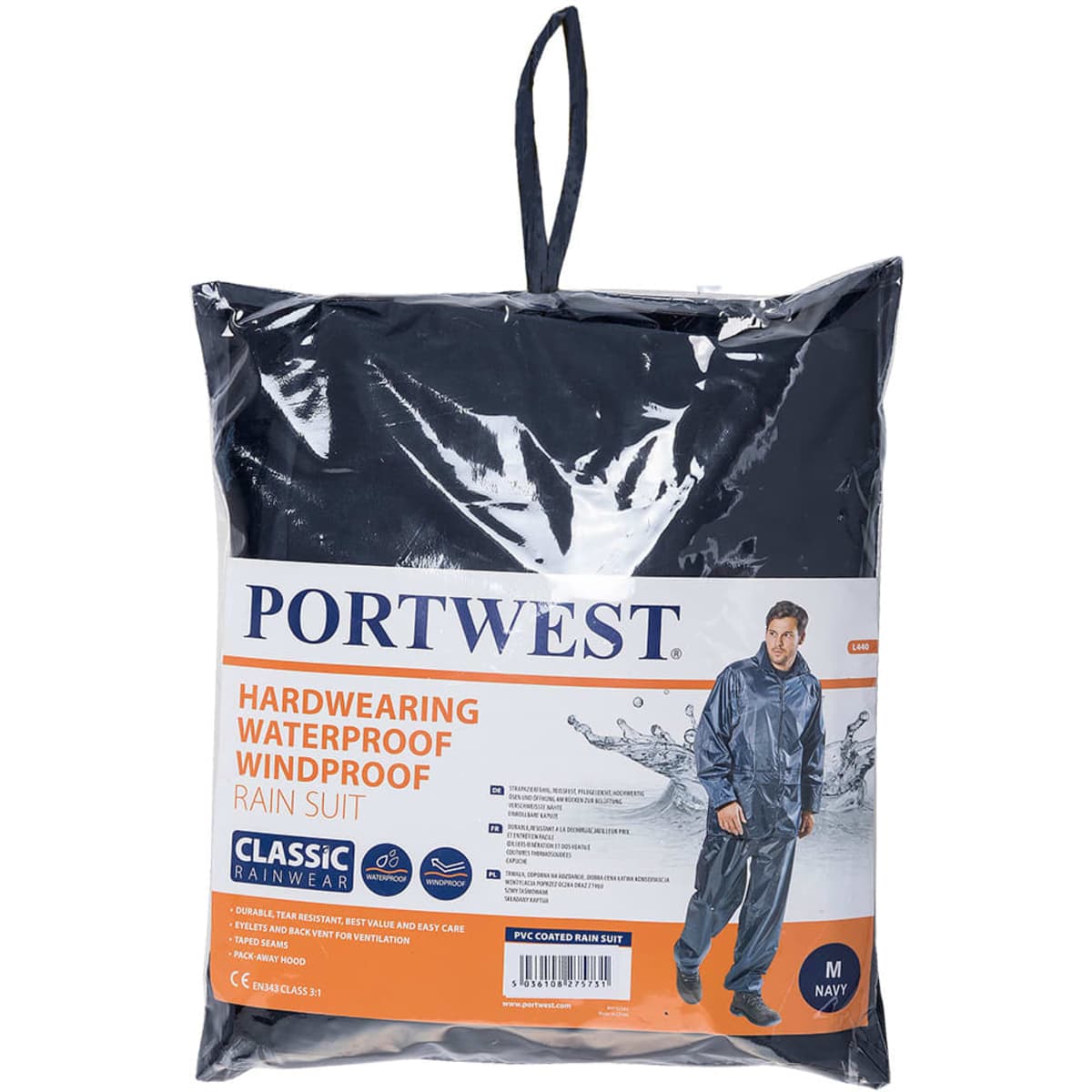 A PVC coated rain suit in navy, packaged with a hanging loop and featuring a logo.