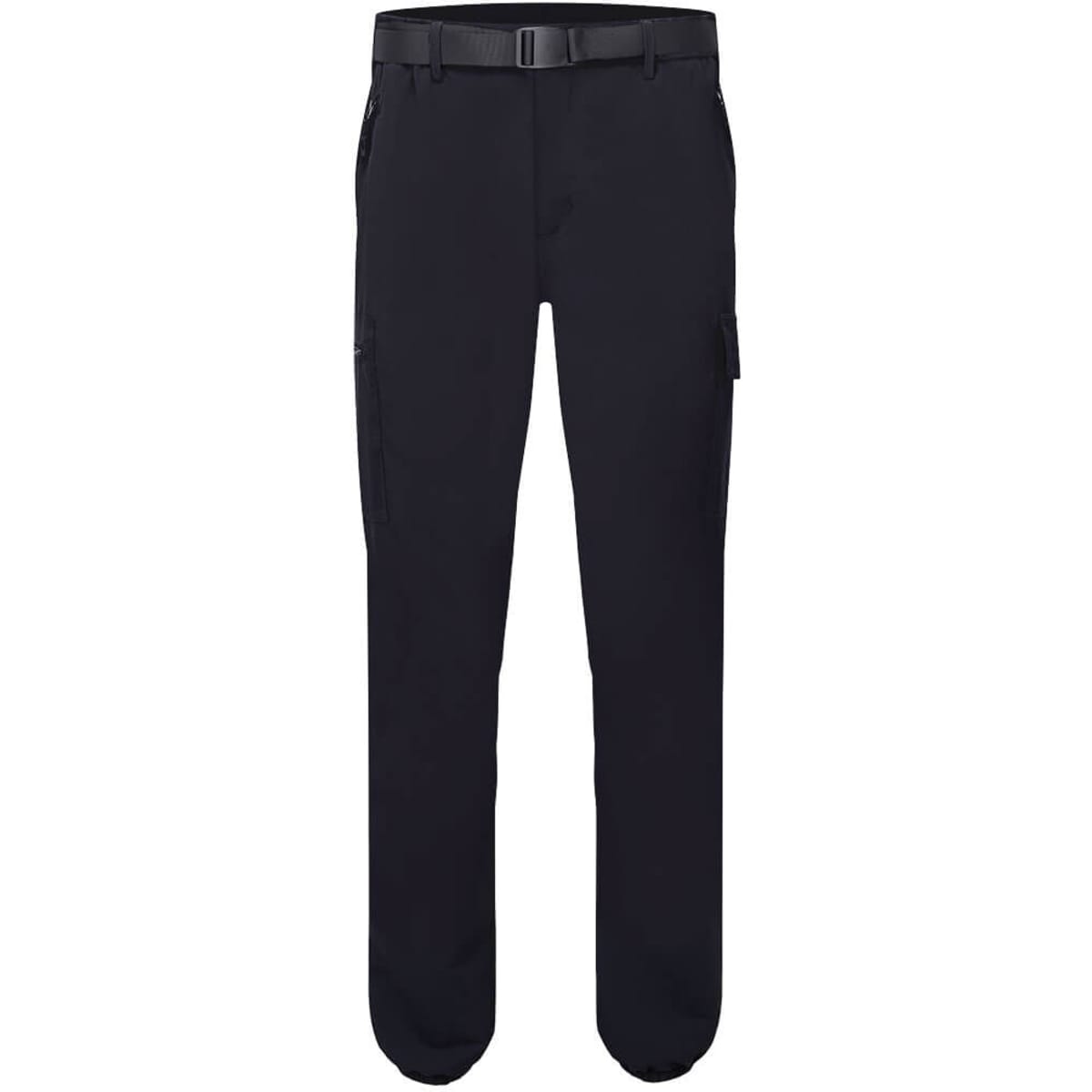 Lightweight cuffed pants in black with a belt, featuring side pockets and a logo.