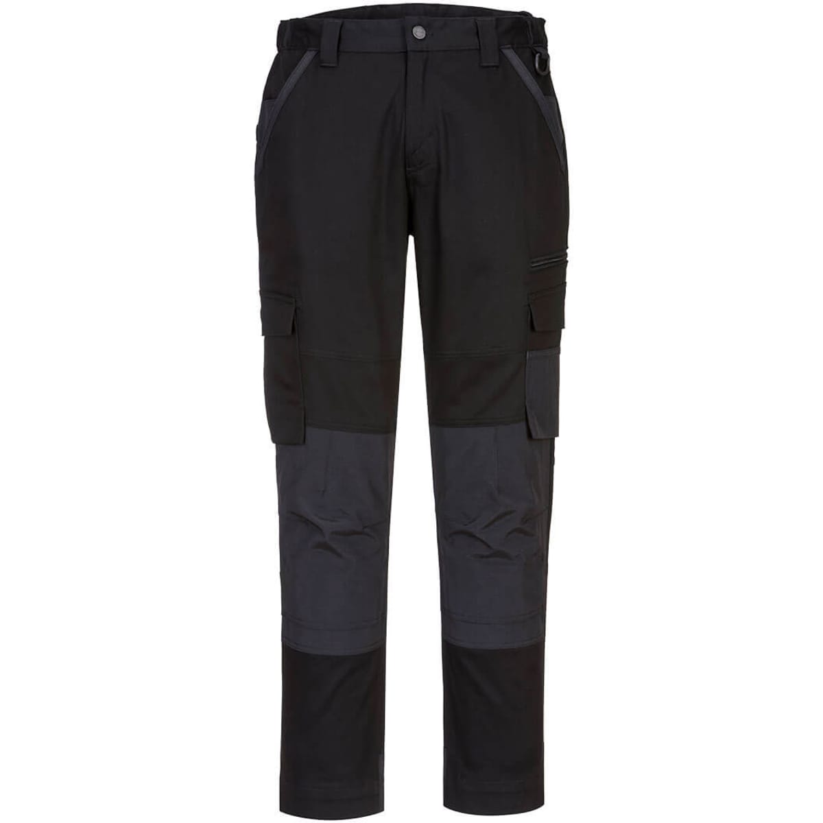 Black and charcoal work pants with multiple pockets and a fitted design, featuring a logo on the waistband.