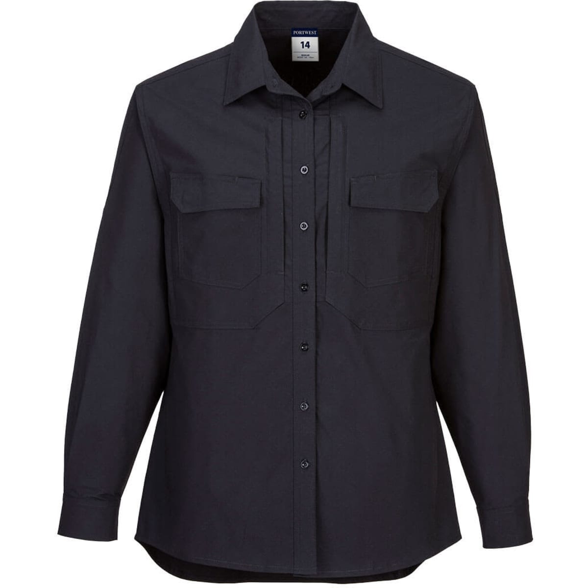 A black long-sleeve utility work shirt with two chest pockets and a button-up front. It features a logo on the label.