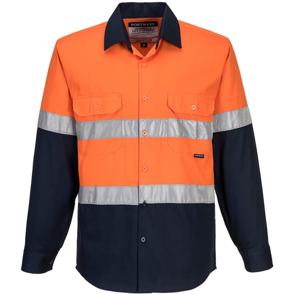 Long-sleeve button-up shirt with orange and navy colours, featuring reflective stripes and a logo.