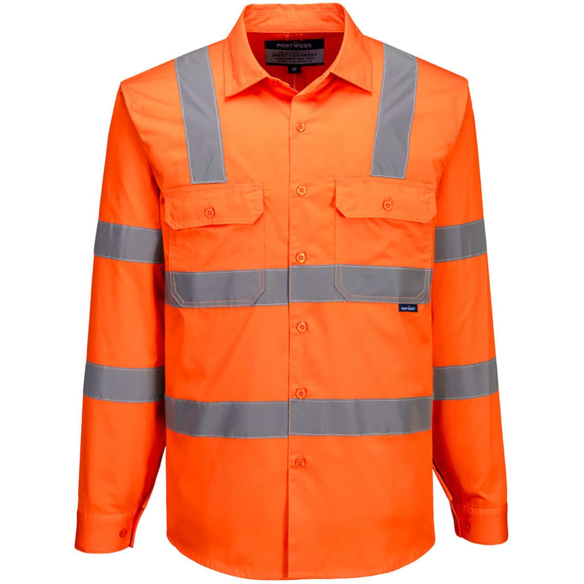 A high-visibility long-sleeve cotton shirt in bright orange with grey reflective stripes and pockets.