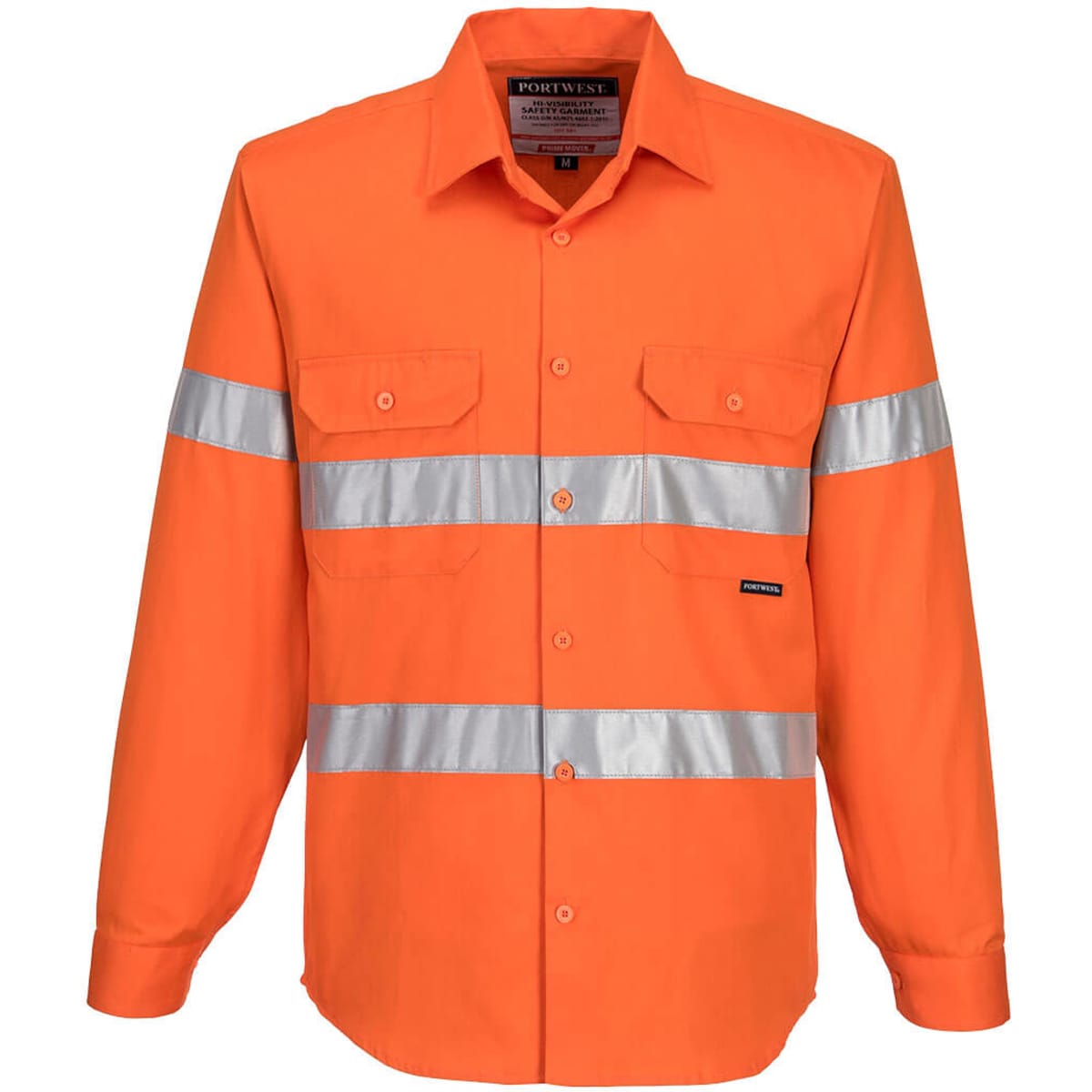 An orange button-up shirt with reflective silver stripes and two chest pockets. It features a branding logo.