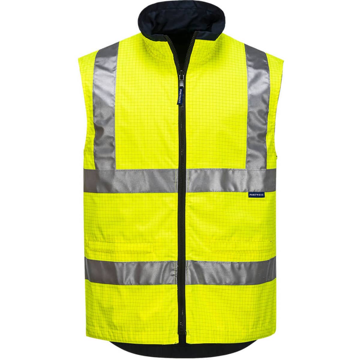 A high-visibility yellow antistatic bodywarmer with reflective stripes, featuring a zip front and a collar. It includes branding.