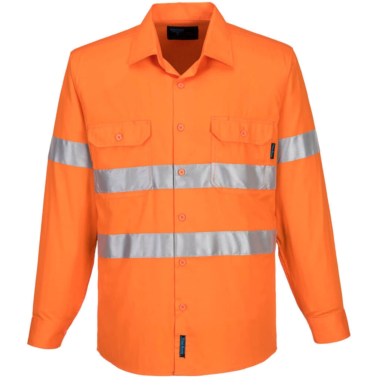 A long-sleeve orange work shirt featuring silver reflective stripes and a logo.