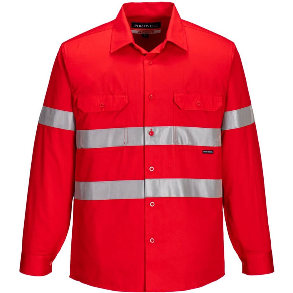 A red open front shirt with reflective stripes and two chest pockets. It has a logo on the label.