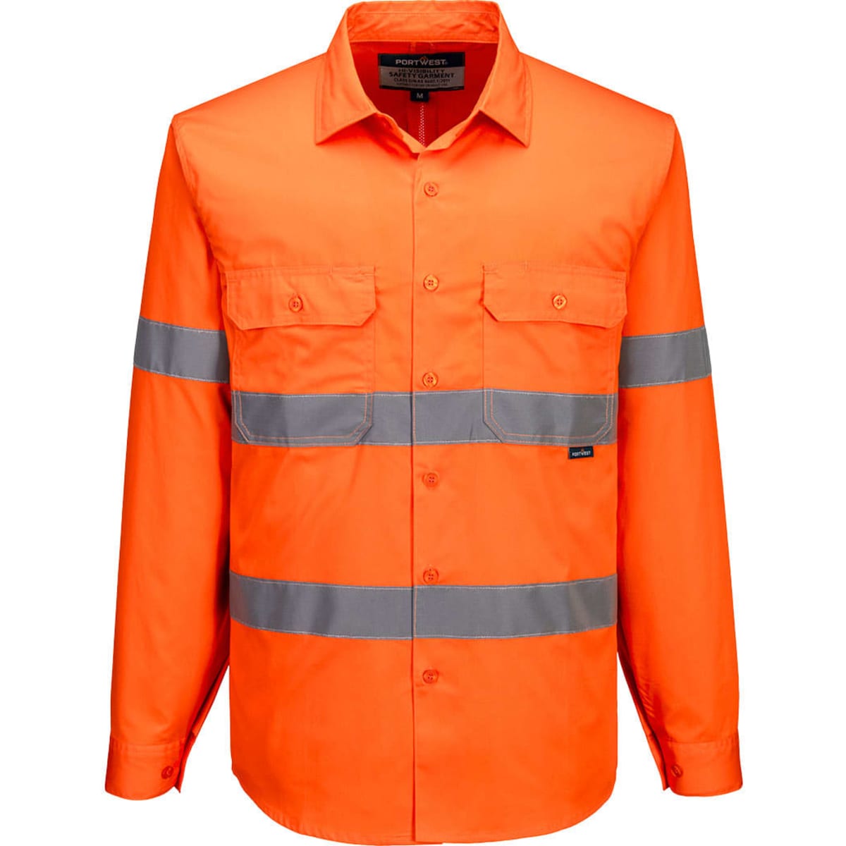 A bright orange long-sleeve shirt with reflective strips and a logo on the chest. Features two front pockets.