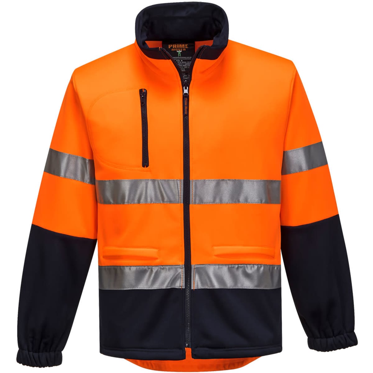 A fleece jumper in bright orange and dark navy, with reflective stripes and a zippered front. It features a logo.
