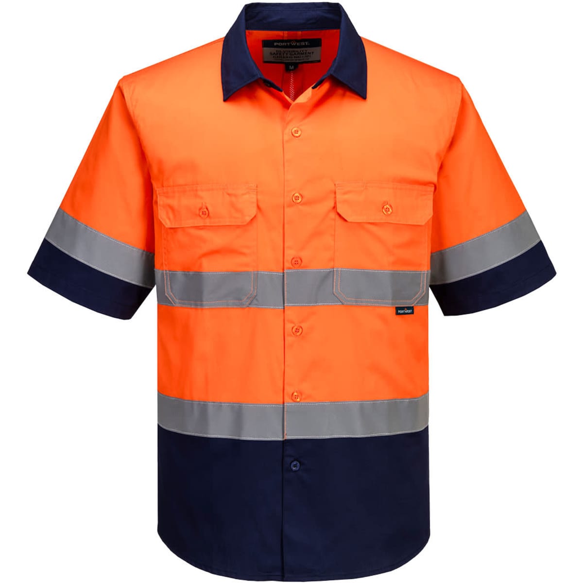 A short-sleeved shirt featuring fluorescent orange and navy, with reflective stripes and front pockets.