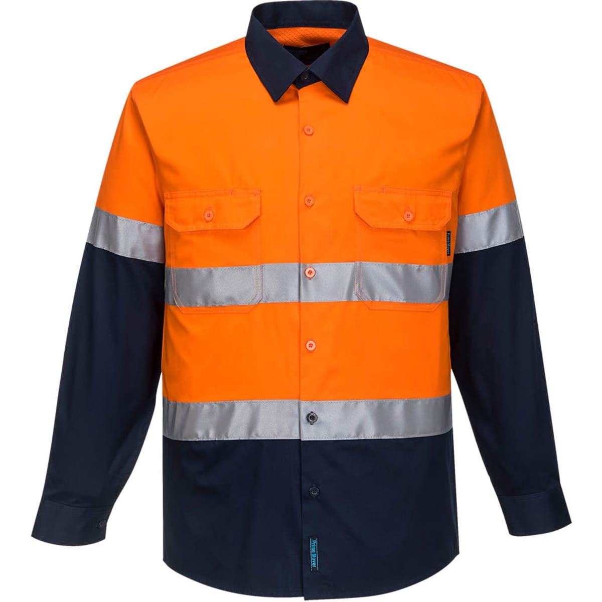 A long-sleeve shirt in orange and navy with reflective stripes and a logo. Features button-up front and pockets.