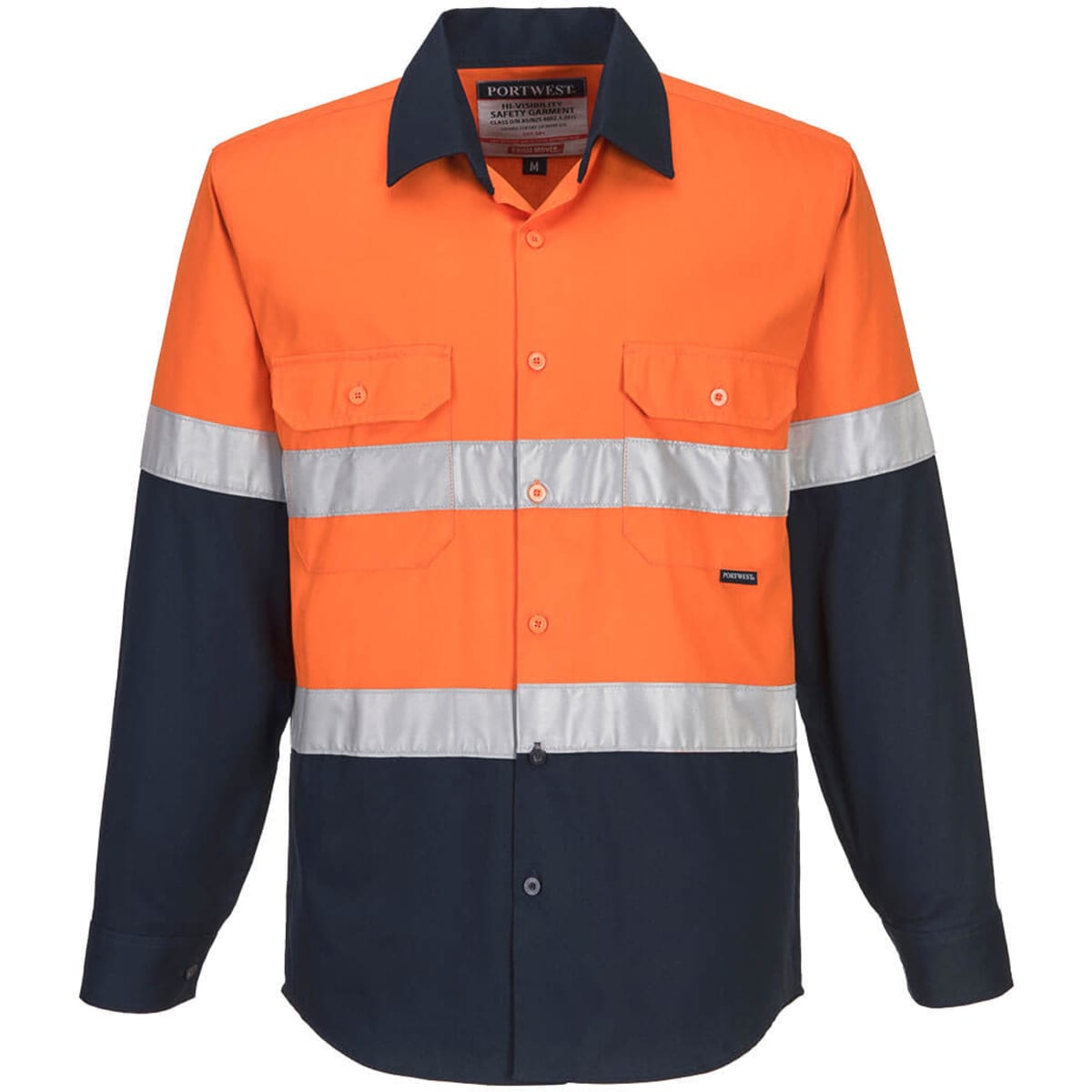 A long-sleeve industrial work shirt in orange and navy blue, featuring reflective stripes and a logo.