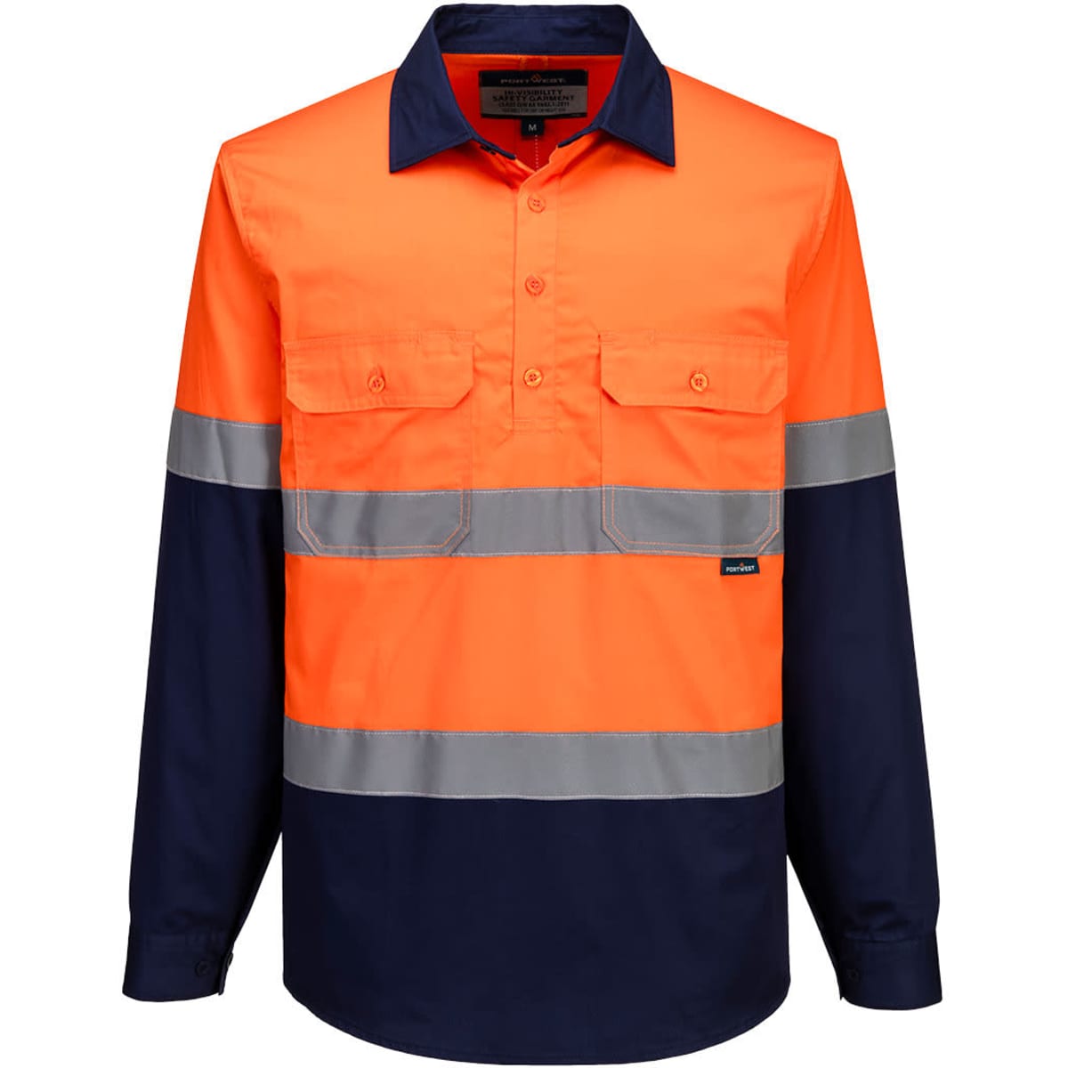 A long-sleeve safety shirt featuring bright orange and navy blue colours with reflective stripes and two front pockets.