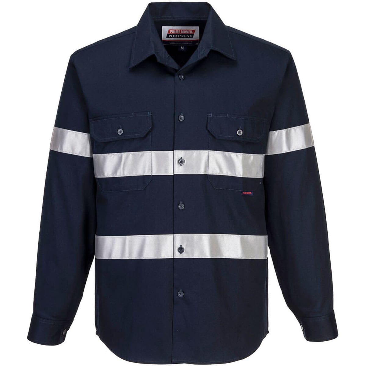 Navy long-sleeve cotton shirt with reflective stripes and a logo on the chest, featuring two front pockets.