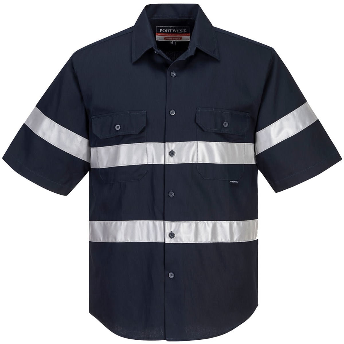A short-sleeve navy cotton work shirt with silver reflective stripes and two chest pockets. It features a logo.