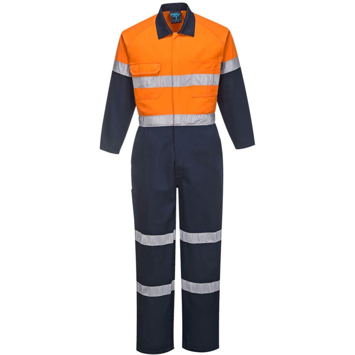 A cotton coverall in orange and navy, featuring reflective stripes and a front pocket. Includes a branding logo.