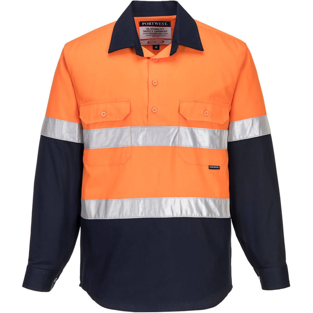A long-sleeve cotton work shirt in bright orange and navy, featuring reflective stripes and a logo.