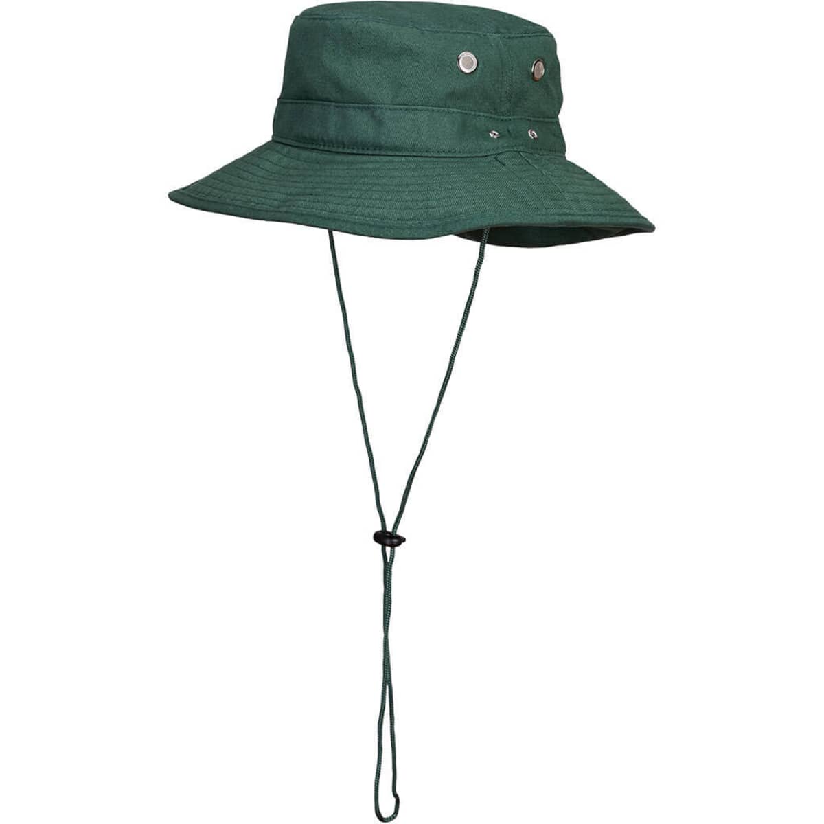 A green wide brim hat with eyelets and a chin strap for secure fit, featuring a simple design.