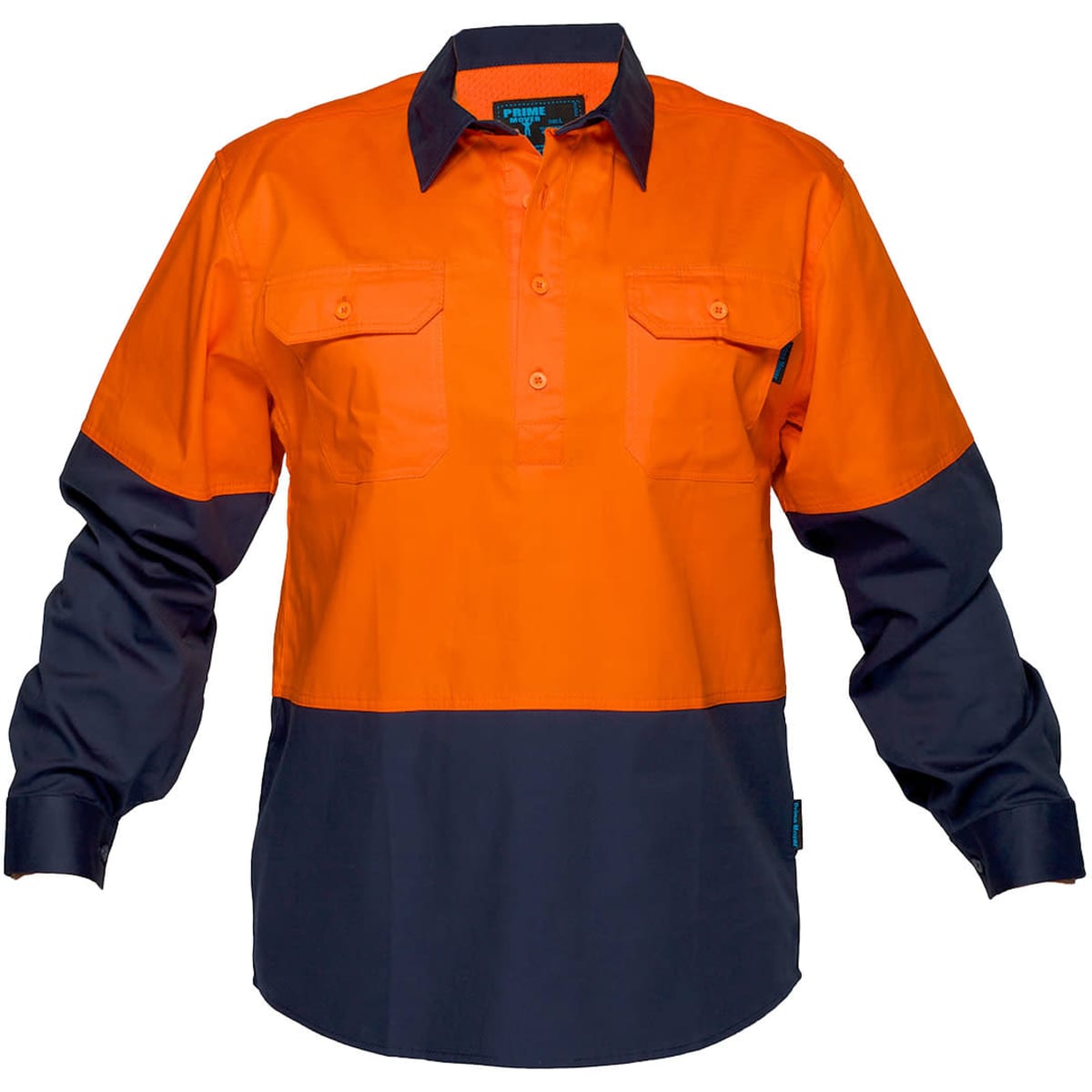 An orange and navy long-sleeve button-up shirt with a two-pocket design and branding.