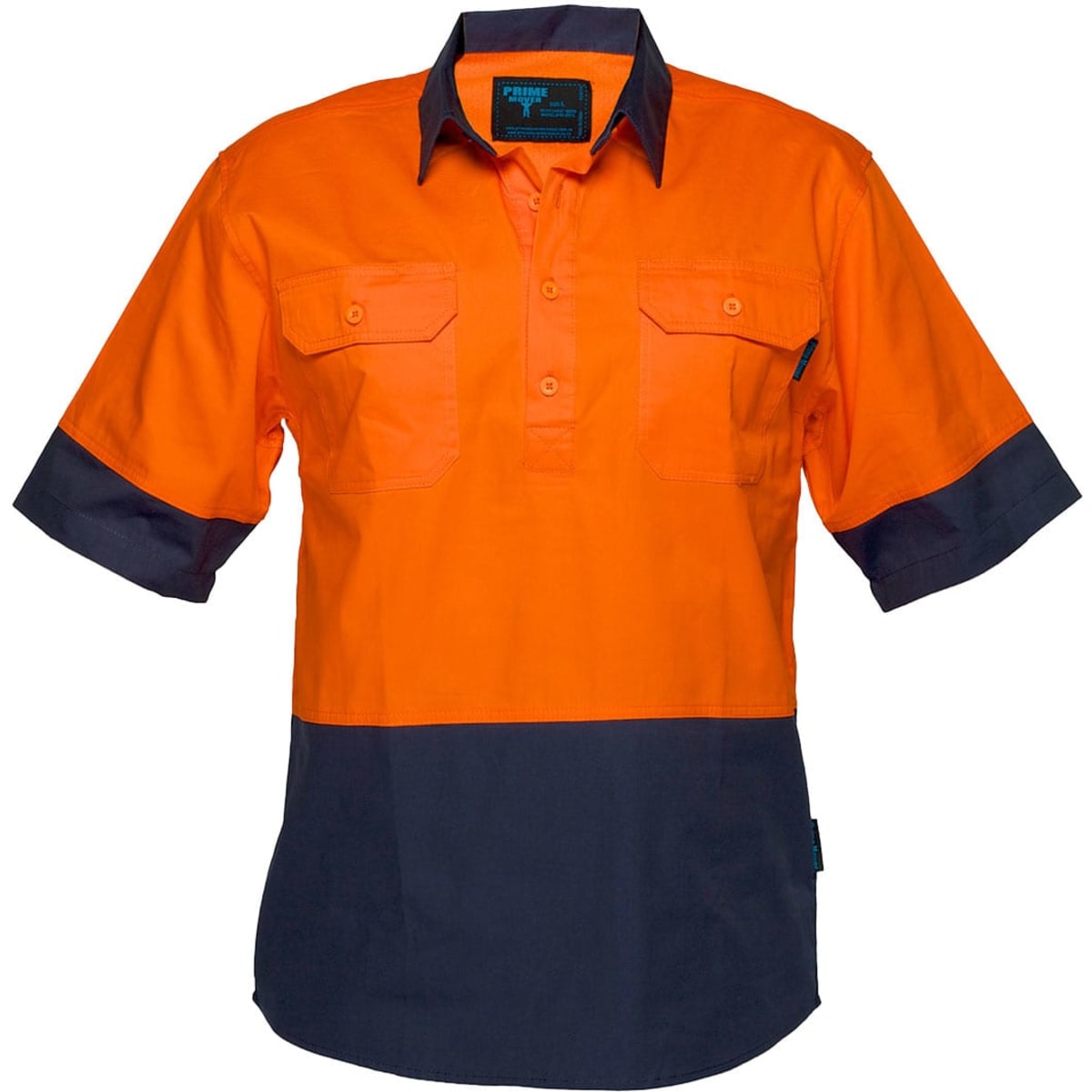 Short-sleeved button-up shirt in bright orange and navy, featuring two front pockets and a logo on the chest.