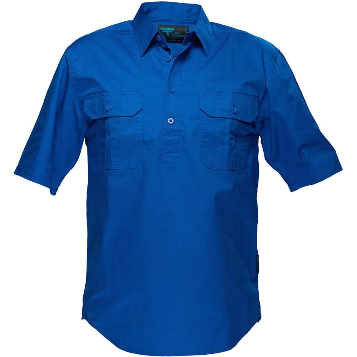A bright blue button-up short-sleeve shirt with two front pockets and a logo.