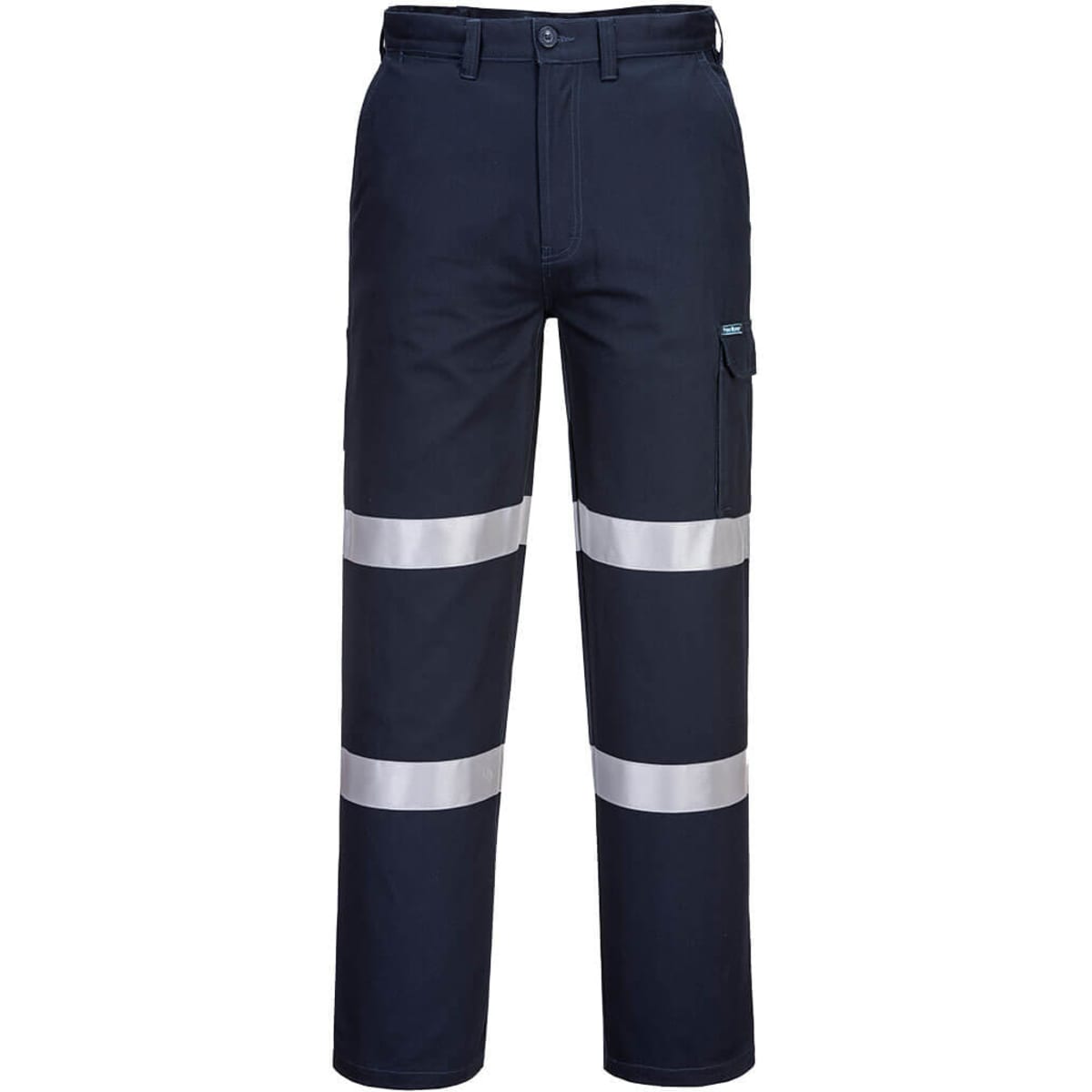 Cotton cargo pants in navy blue with reflective strips, featuring multiple pockets and a logo.