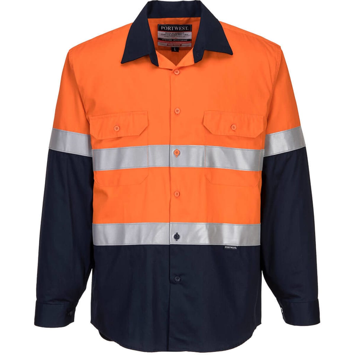 A long-sleeve work shirt in orange and navy with reflective stripes and a brand logo.