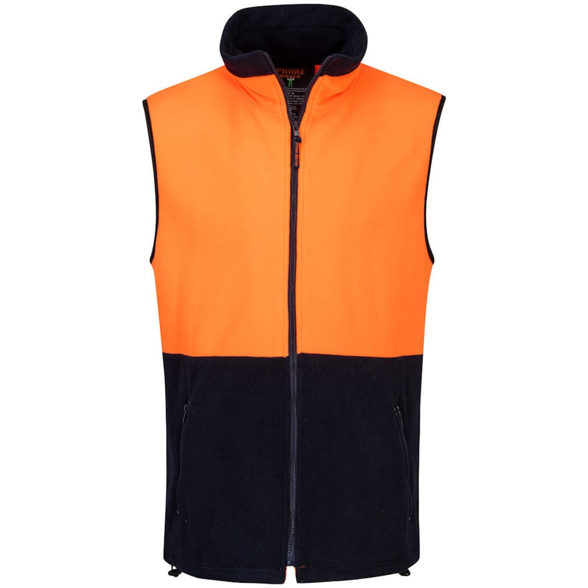 A polar fleece vest featuring a bright orange upper half and a navy lower half, with a zippered front and collar.