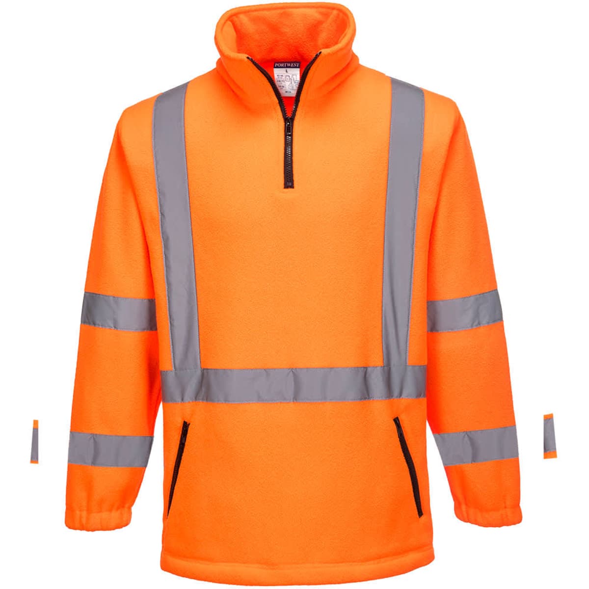 An orange fleece jumper featuring reflective stripes and a quarter zip design, with side pockets.