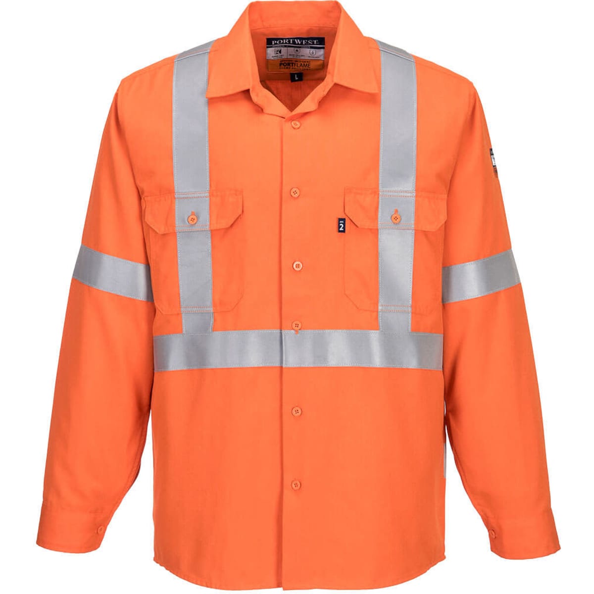 An orange flame resistant X-back shirt with silver reflective stripes and two chest pockets, featuring a branding logo.