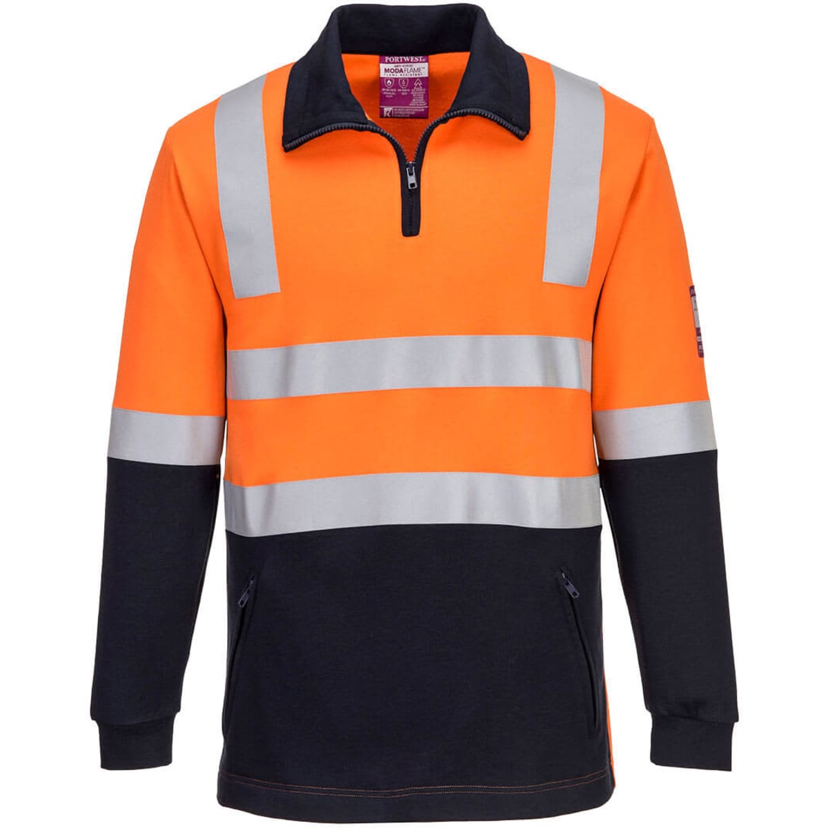 A high-visibility fleece jumper in orange and black with reflective stripes and a zip neck. It features a logo.