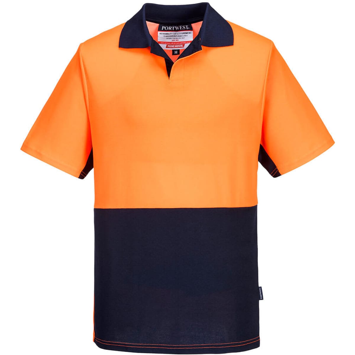 A bright orange and navy blue polo shirt with a collar, featuring a logo. Designed for workwear.