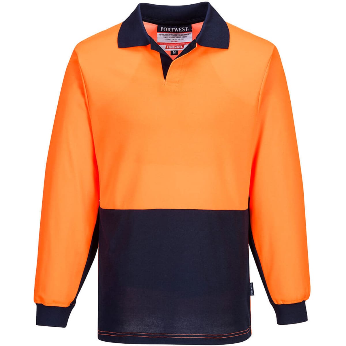 An orange and navy long-sleeve polo shirt featuring a collar and a branding logo.