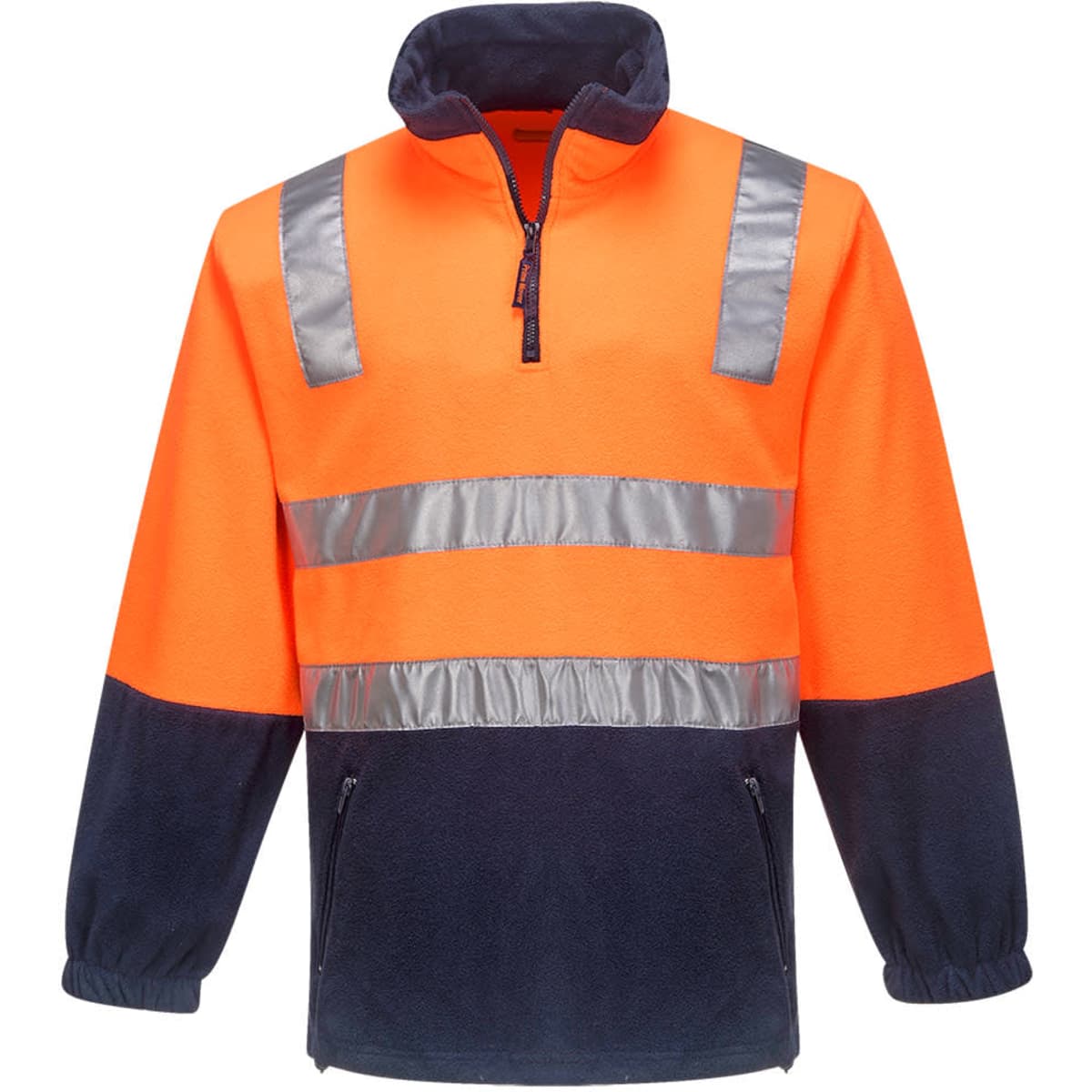 A polar fleece jumper in orange and navy, featuring reflective stripes and a zippered collar. Includes a logo.