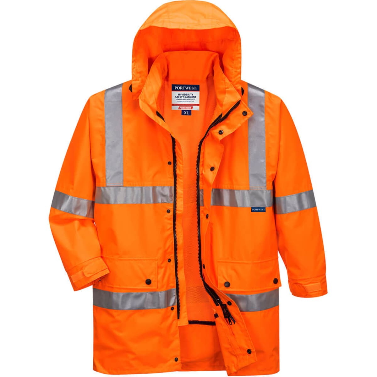 A bright orange rain jacket with reflective strips and a hood, featuring a logo on the chest.