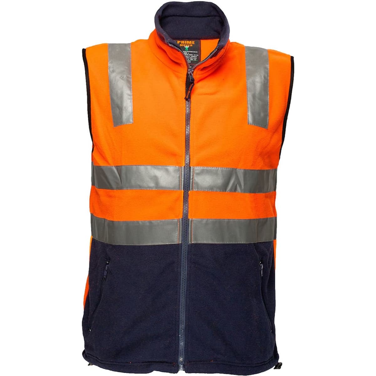 A polar fleece vest featuring high-visibility orange and blue colours with reflective tape for safety.