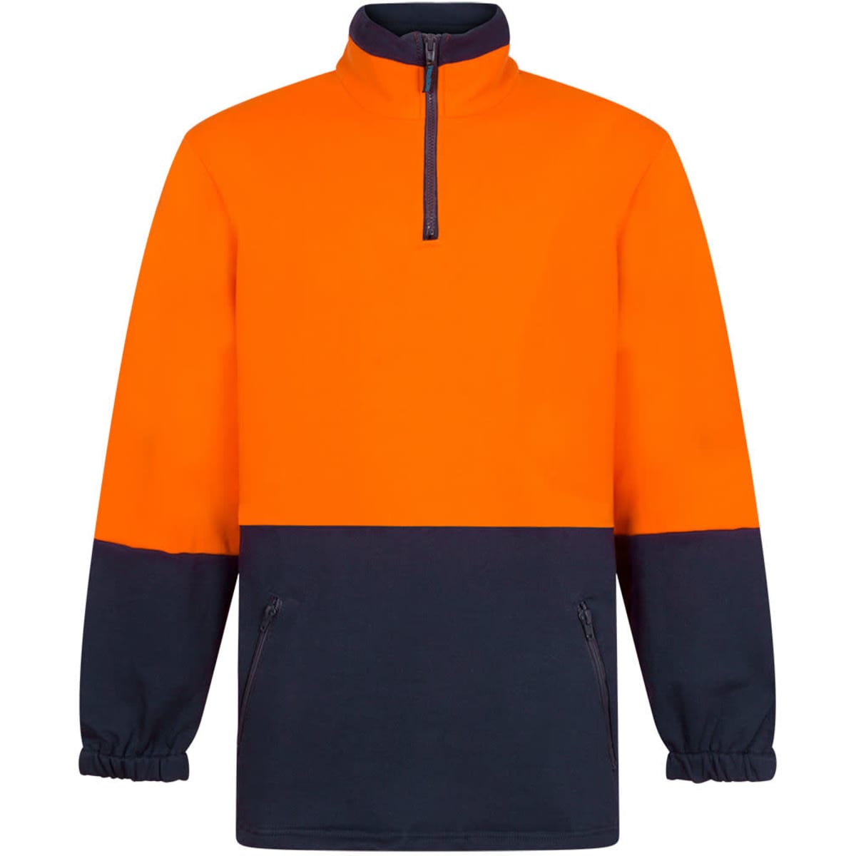 A cotton fleece jumper in bright orange and navy, featuring a zip neck and elasticated cuffs. It has a logo on it.