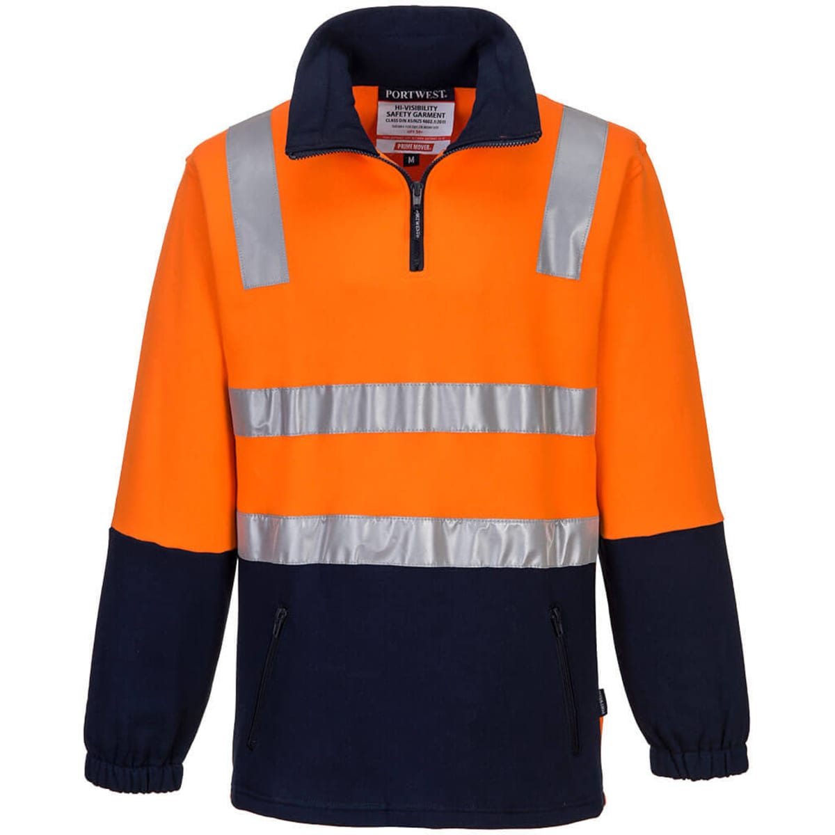 An orange and navy fleece jumper with reflective stripes and a quarter zip. It features a logo on the label.