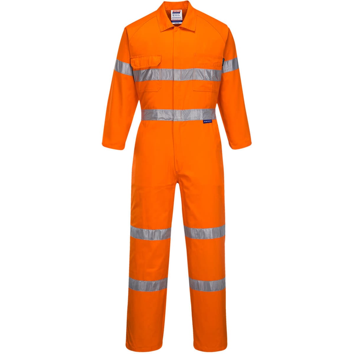 An orange flame retardant coverall with reflective strips, designed for safety and visibility. It includes a branding logo.