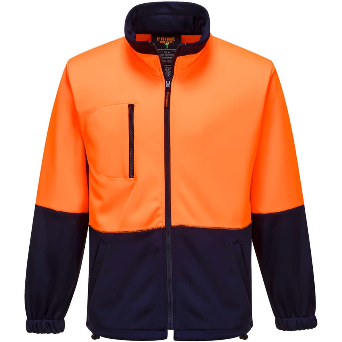 A fleece jumper featuring a high-visibility orange body with navy sleeves, complete with a front pocket and a logo.