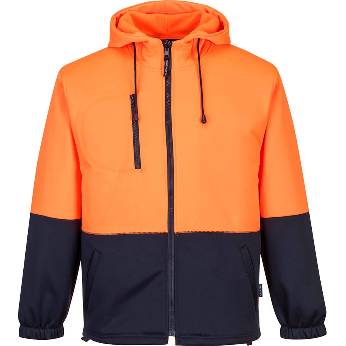 A fleece hoodie in bright orange and navy blue, featuring a front zip, pockets, and an adjustable hood.
