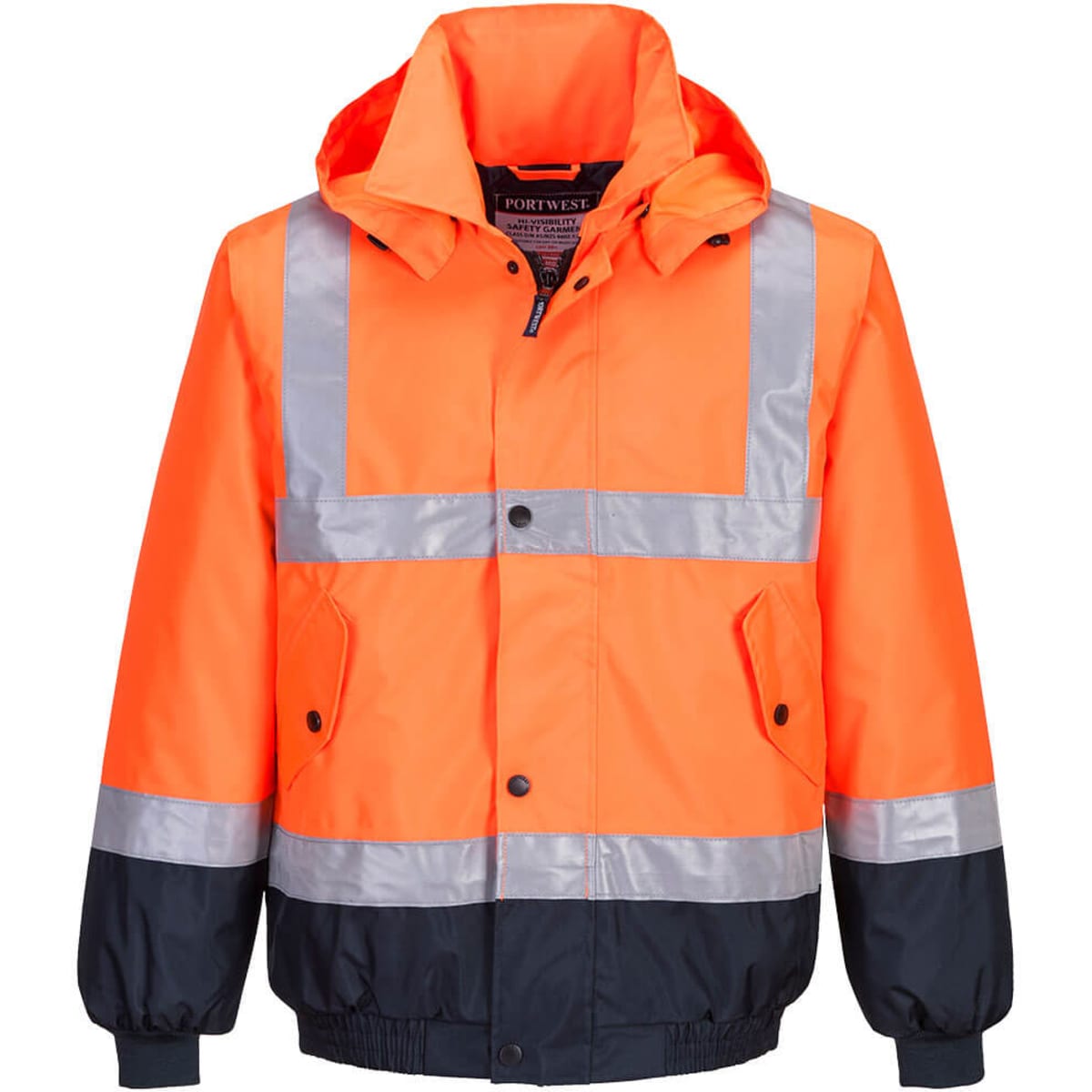 A high-visibility jacket in bright orange with reflective stripes and a navy blue lower section, featuring a hood and pockets.