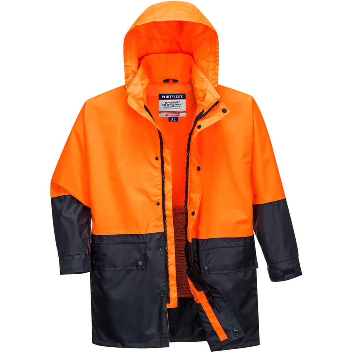 A two-tone jacket featuring bright orange and black colours, with a hood and a front zipper. It includes a branding logo.