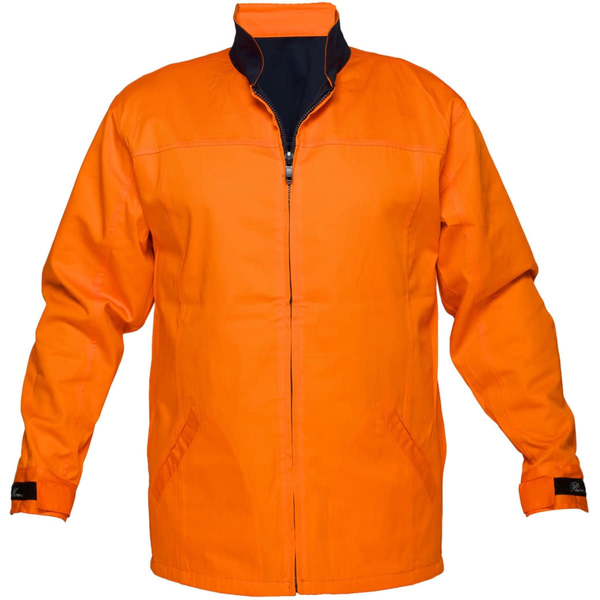 An orange jacket with a navy collar, featuring a zip front and side pockets, includes a logo on the sleeve.