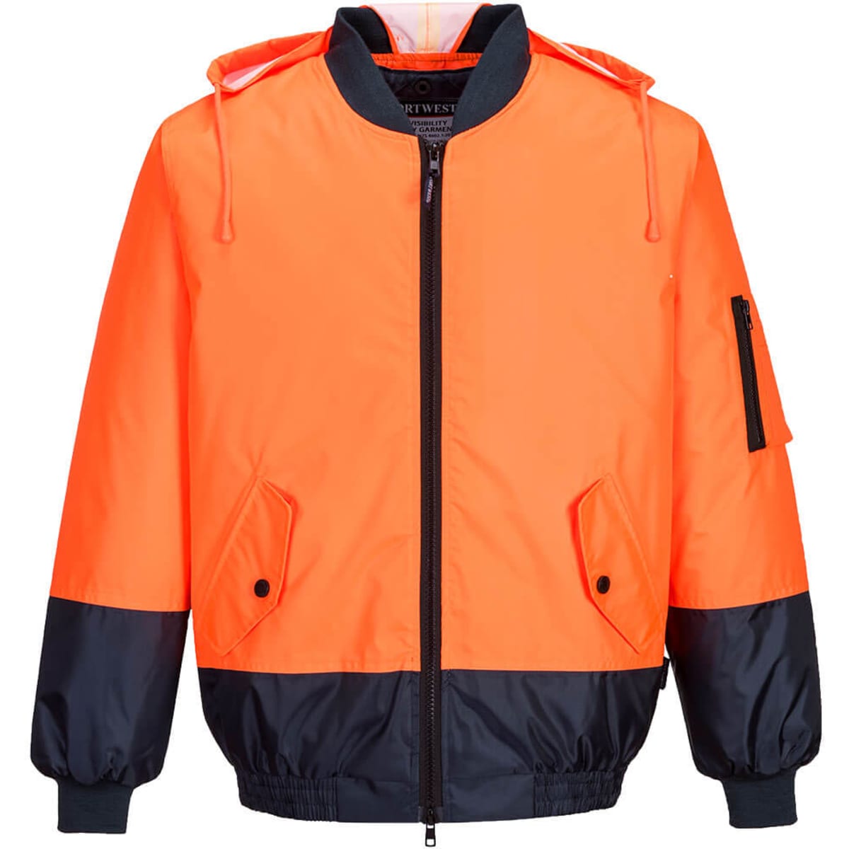An orange bomber jacket with a black bottom section and hood, featuring zip pockets and a logo.