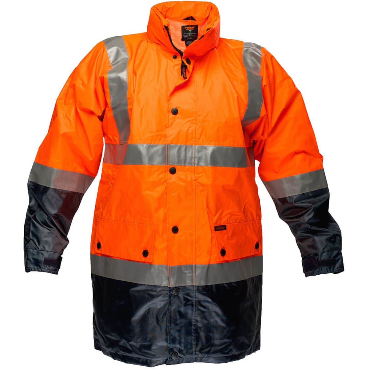 A Hi-Vis 2-Tone Jacket in bright orange and black, featuring reflective strips and a branded label.