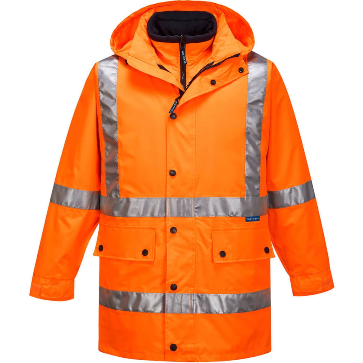An orange work jacket with reflective stripes and a hood. It features pockets and a zip closure.
