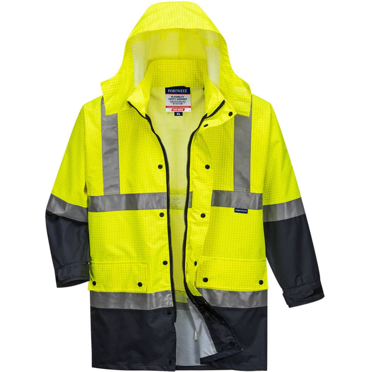 A hi-vis antistatic jacket in bright yellow with reflective stripes and a dark grey bottom. It features a hood and front fastening.
