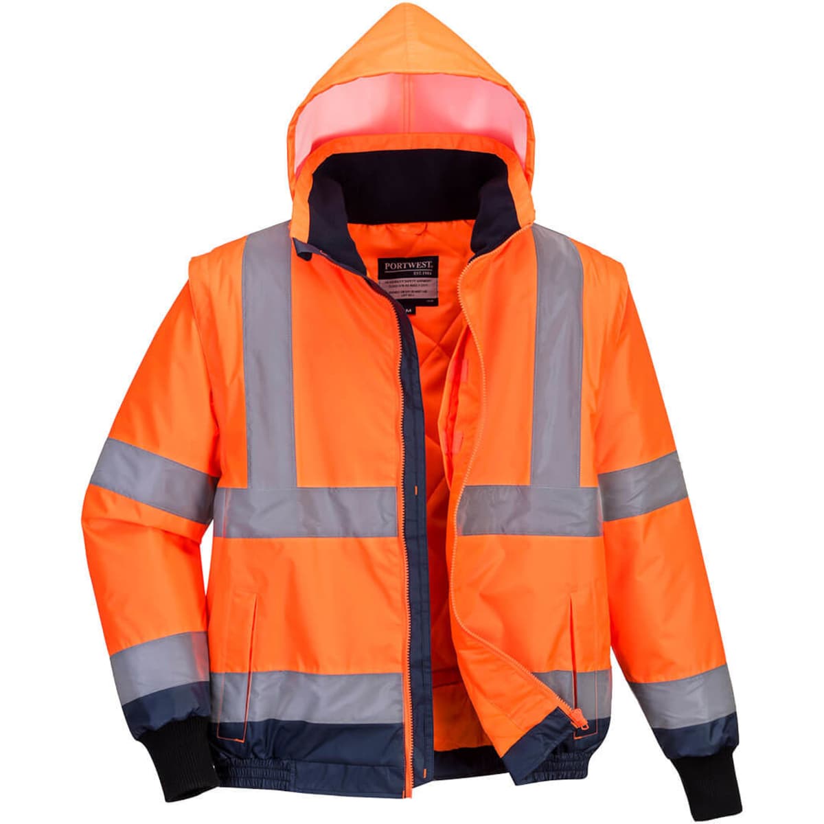 A Hi-Vis 2in1 bomber jacket featuring bright orange fabric with reflective strips and a hood, designed for safety wear.